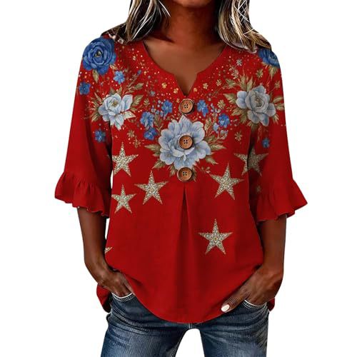 Women's American Flag Print Short Sleeve Button-Up Shirt