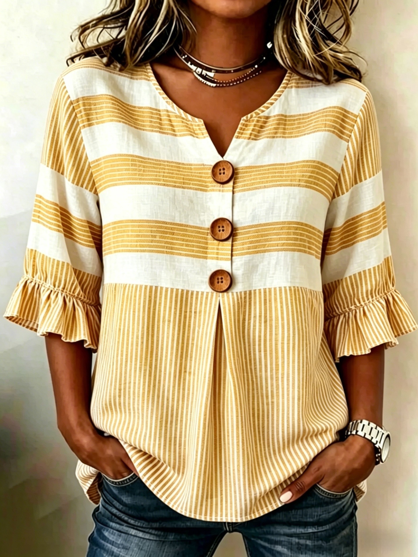 Plaid Striped Print Short Sleeve Button-Up Top