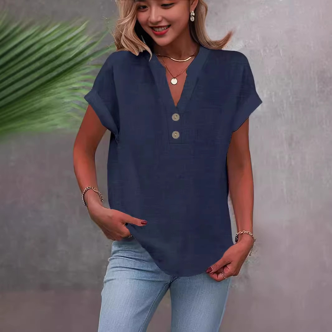 Women's Solid Color Stand Collar Button Short Sleeve Shirt