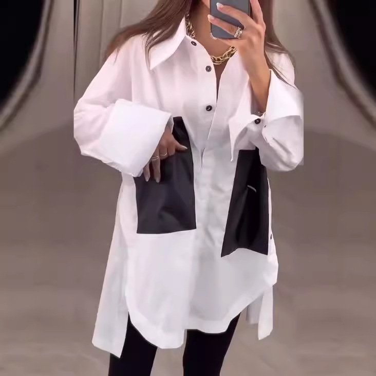 Women's Colorblock Button-Up Loose Fit Top with Lapel Collar