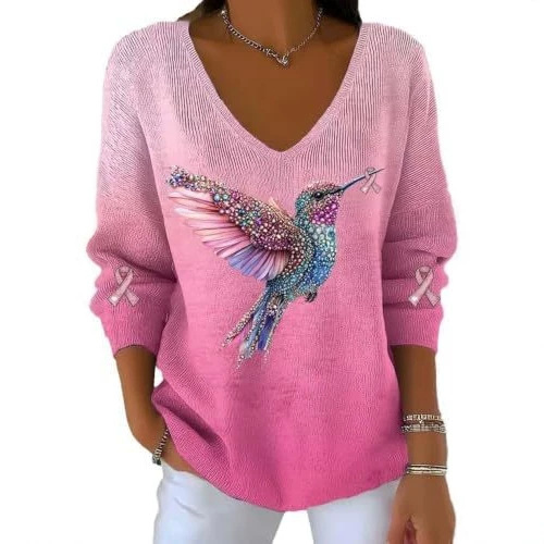 Women's Bird Ribbon Print V-Neck Long Sleeve T-Shirt