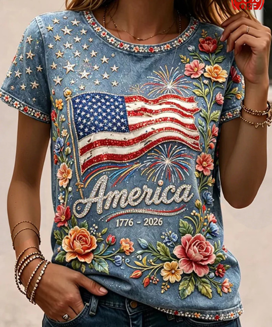 American Flag Letter Print Crewneck Short Sleeve Top