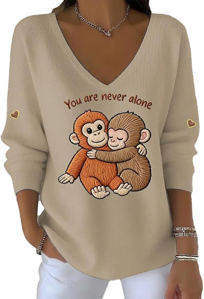 Women's V-Neck Long-Sleeve T-Shirt with Monkey Letter Print