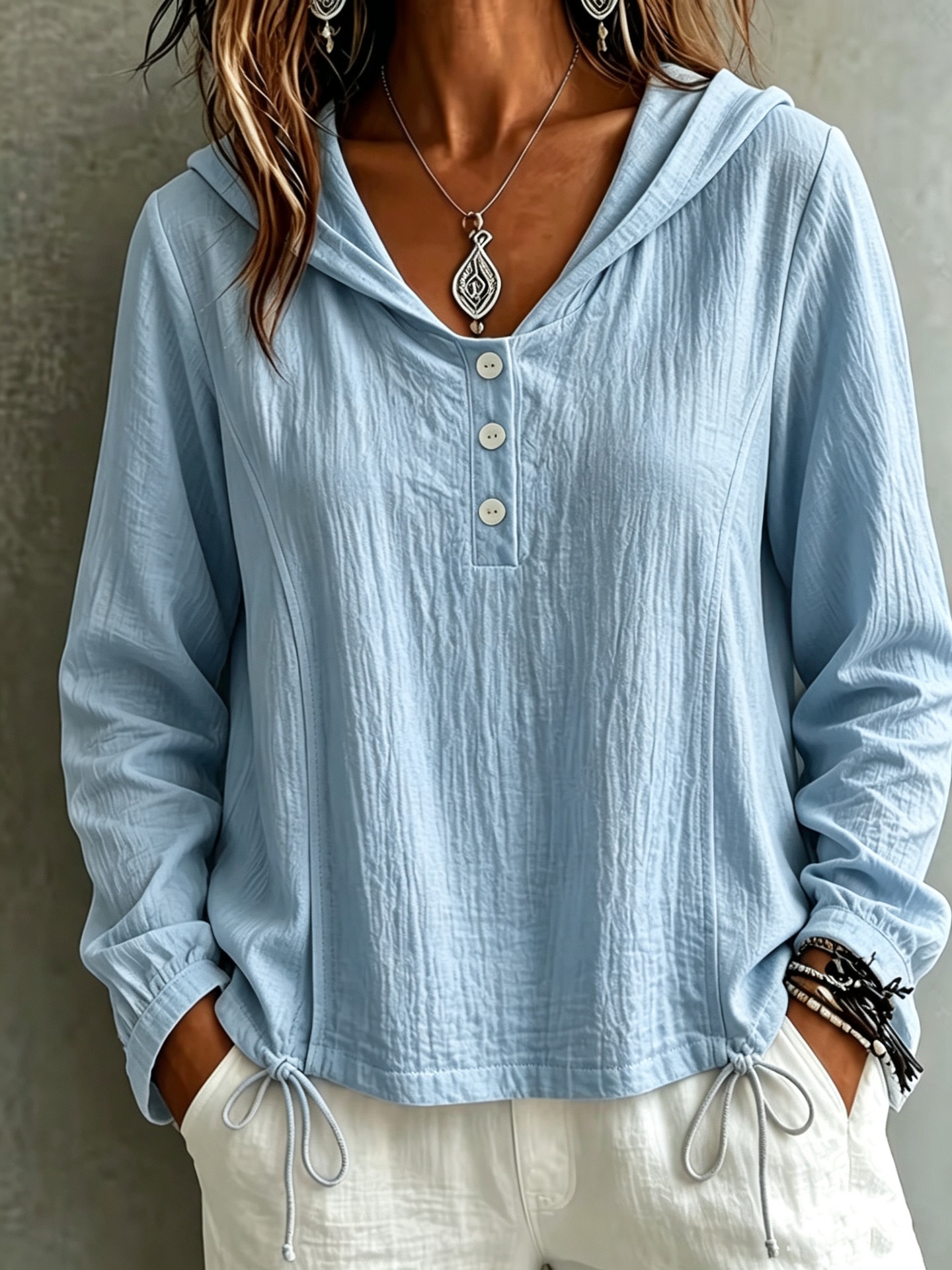 Drawstring Hooded Half-Button Lightweight Vacation Shirt
