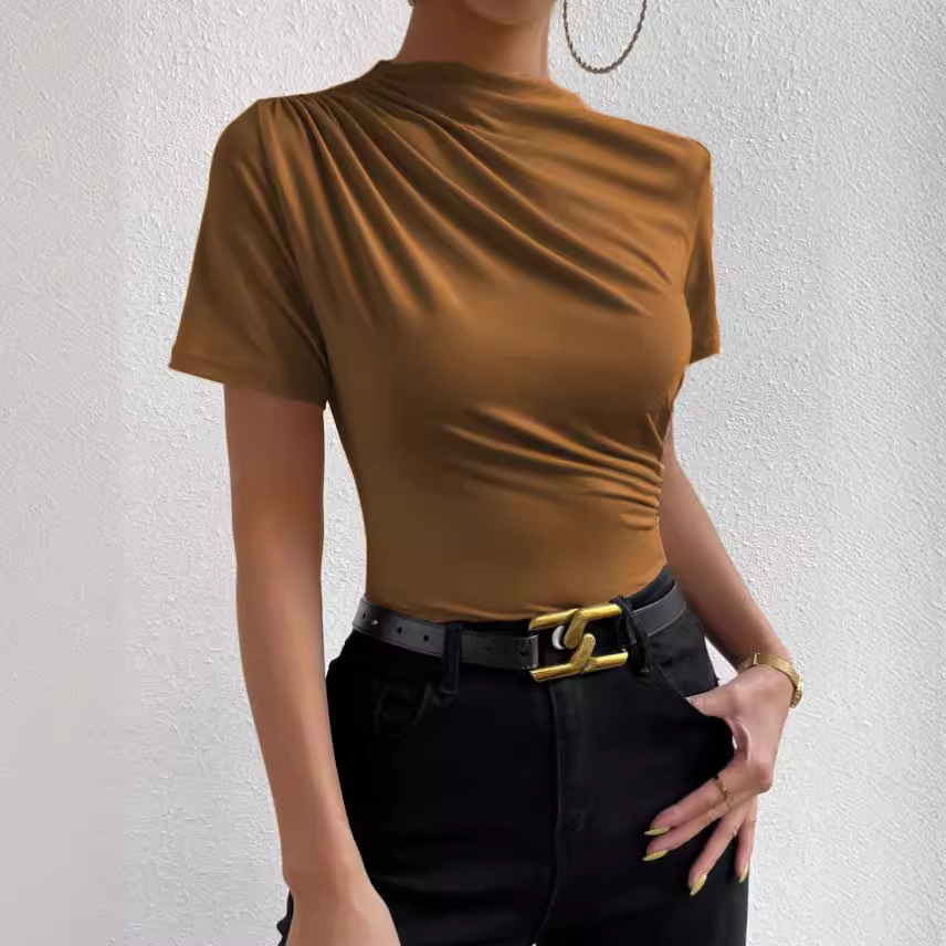 Women's Pleated Short Sleeve Crewneck Slim Fit T-Shirt