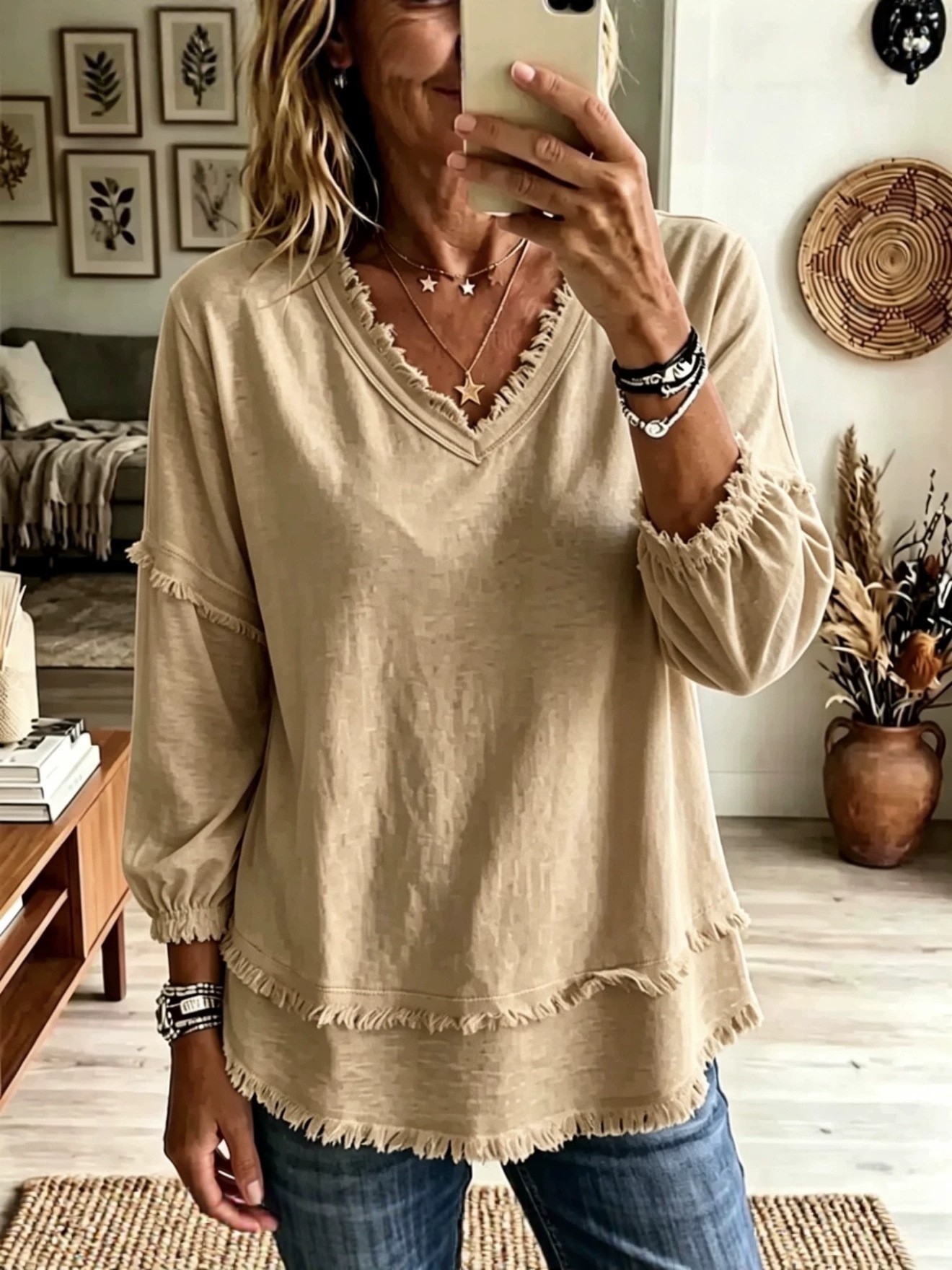 Raw Edge Trim Long Sleeve V-Neck Blouse