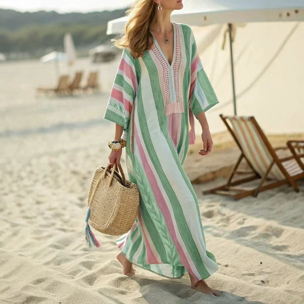 Women's Striped Plaid A-Line Midi Dress Long Sleeve Deep V-Neck Casual