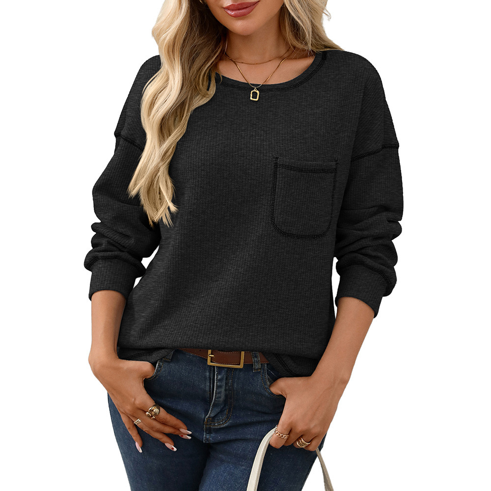 Women's Solid Crewneck Pocket Loose Fit Topstitched T-Shirt