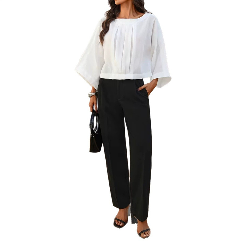 Elegant Boat Neck Loose Fit Solid Pleated Blouse