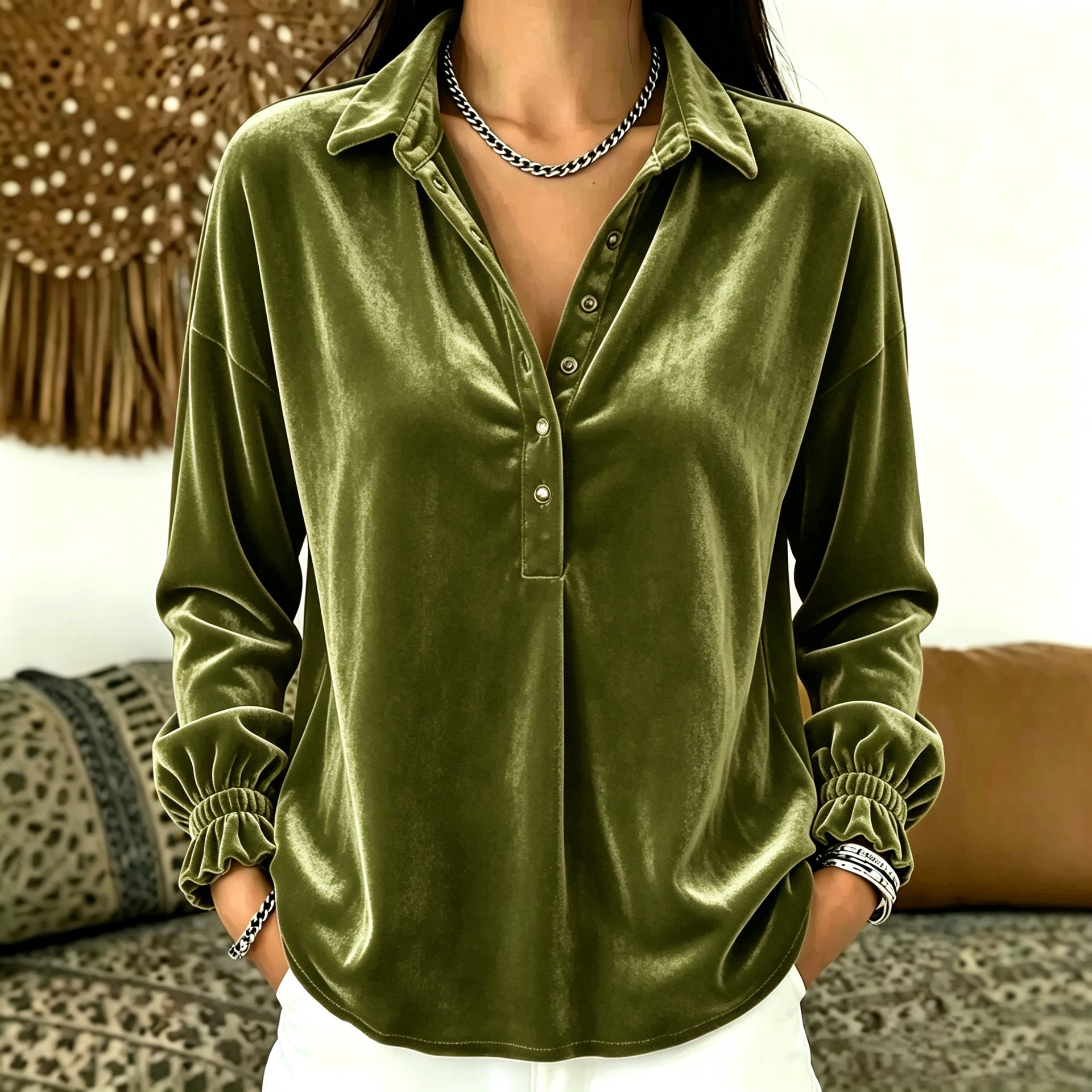 Solid Color Long Sleeve Top with Classic Collar Half Placket Cuffed Sleeves Loose Fit
