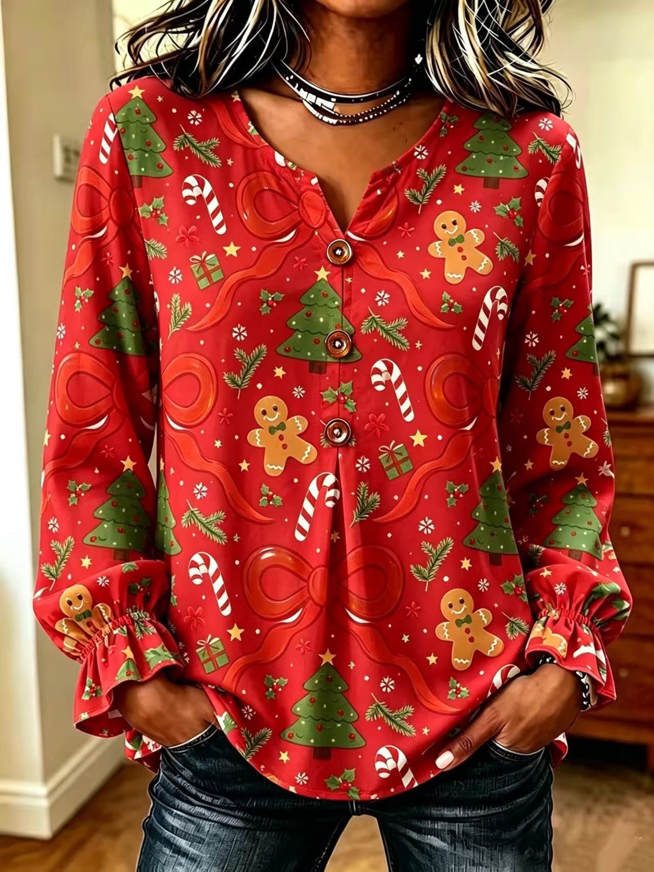 Women's Floral Doll Tree Print Button-Front Long-Sleeve Shirt
