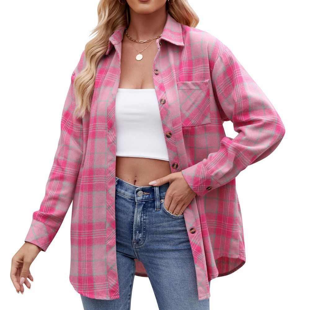 Women's Oversized Plaid Button-Down Shirt Long Sleeve Casual