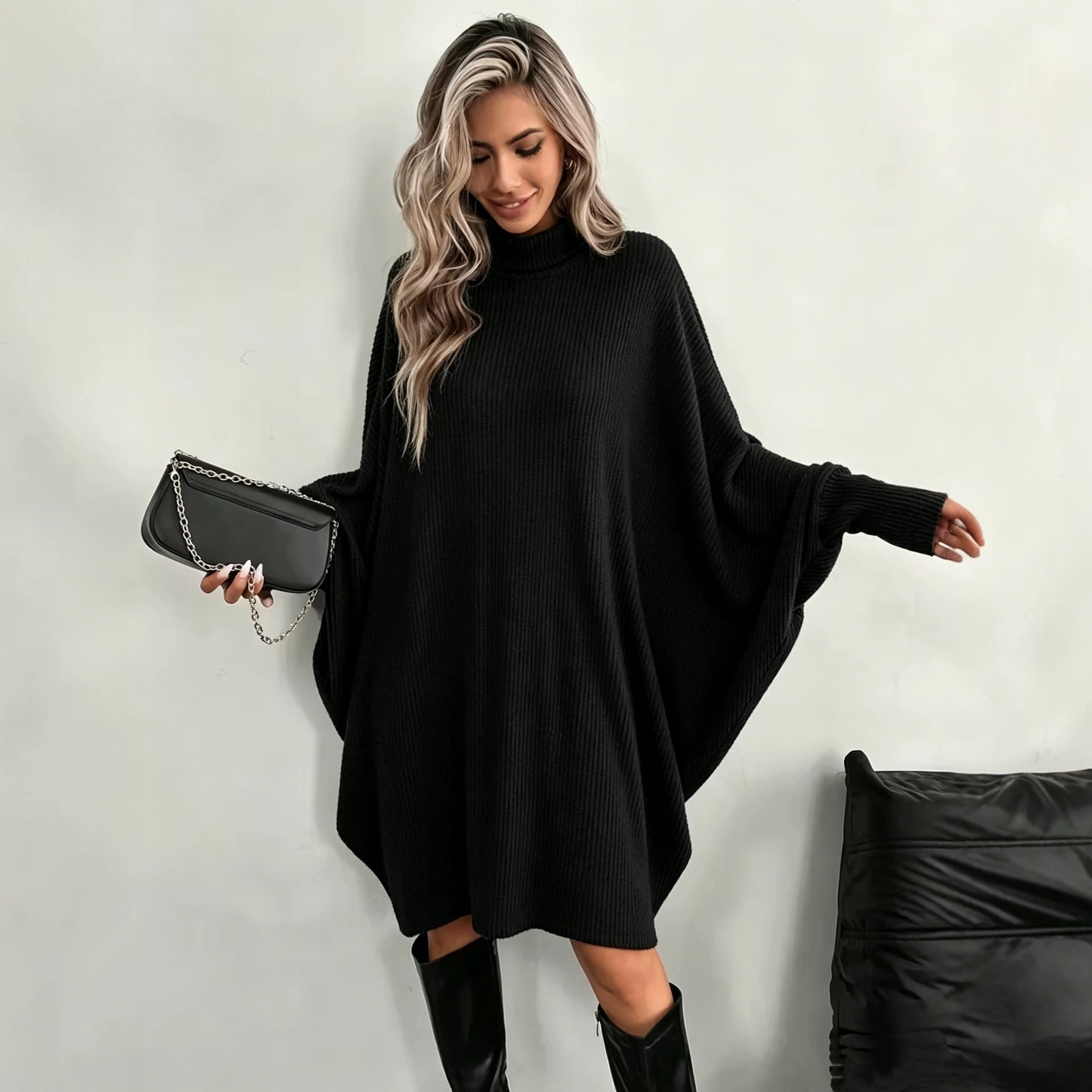 Elegant Batwing Sleeve Turtleneck Long Sleeve Dress