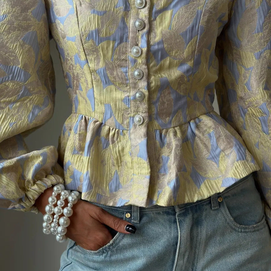 Square Neck Long Sleeve Button Print Waist-Defining Blouse