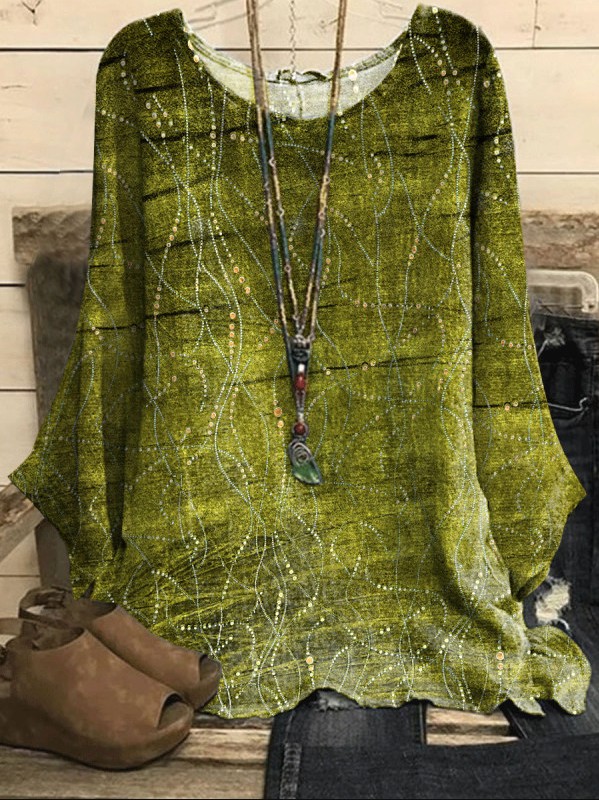 Cotton-Linen Print Round Neck Loose Vintage Top