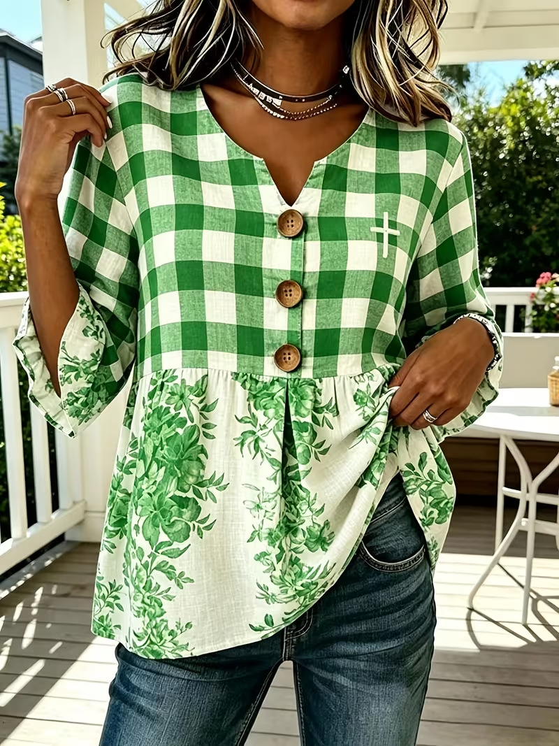 Women's Plaid Print Three-Button Mid-Sleeve Casual Shirt