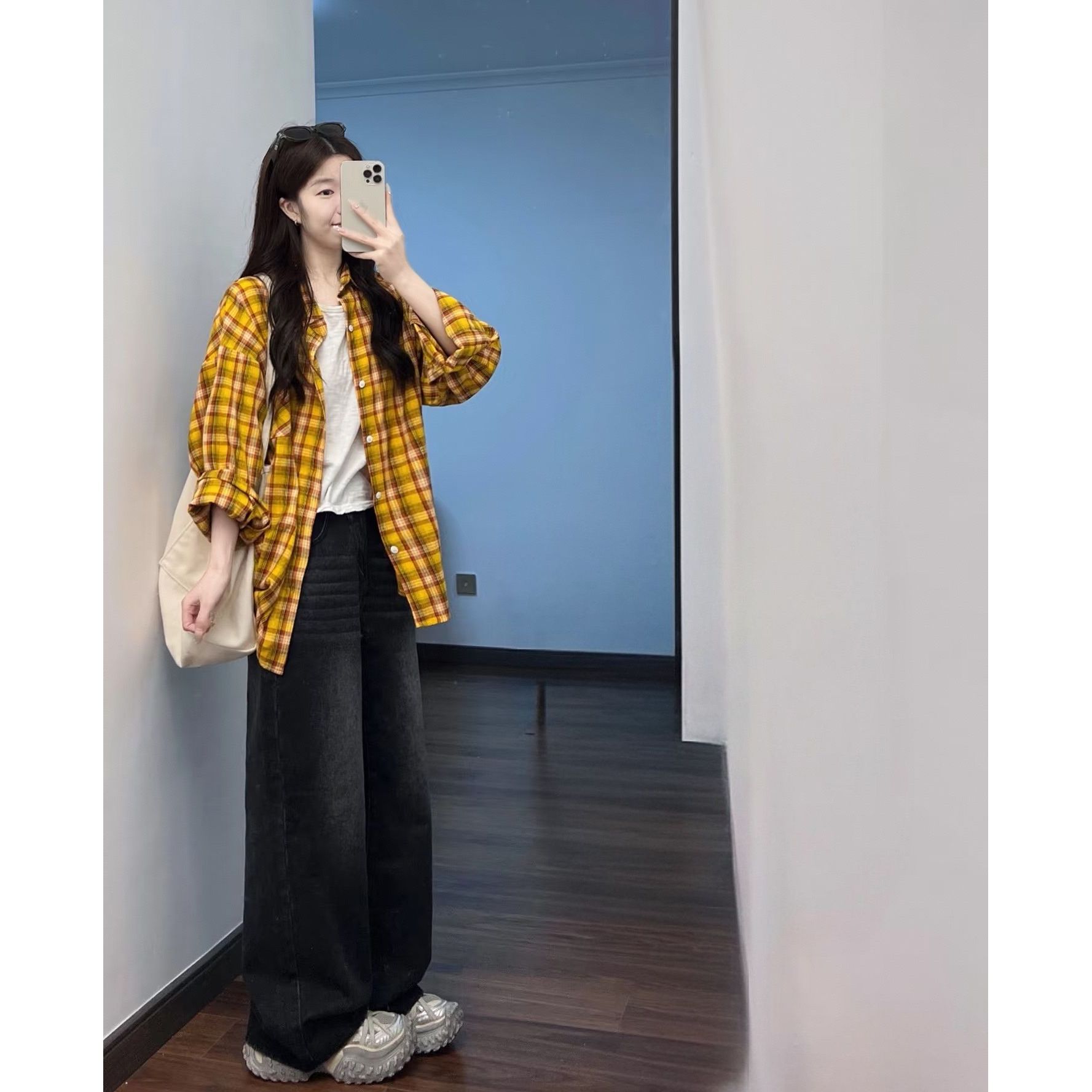 American Retro Yellow Plaid Shirt Women's Loose Fit Sun Protection Blouse