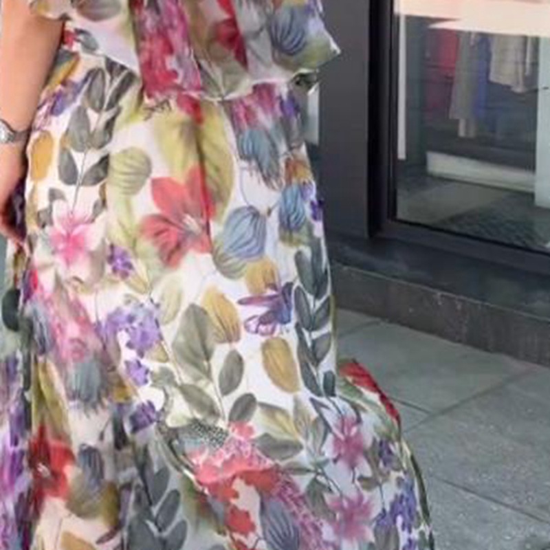 Women's Vintage Floral Print Short Sleeve Long Dress Slim Waist