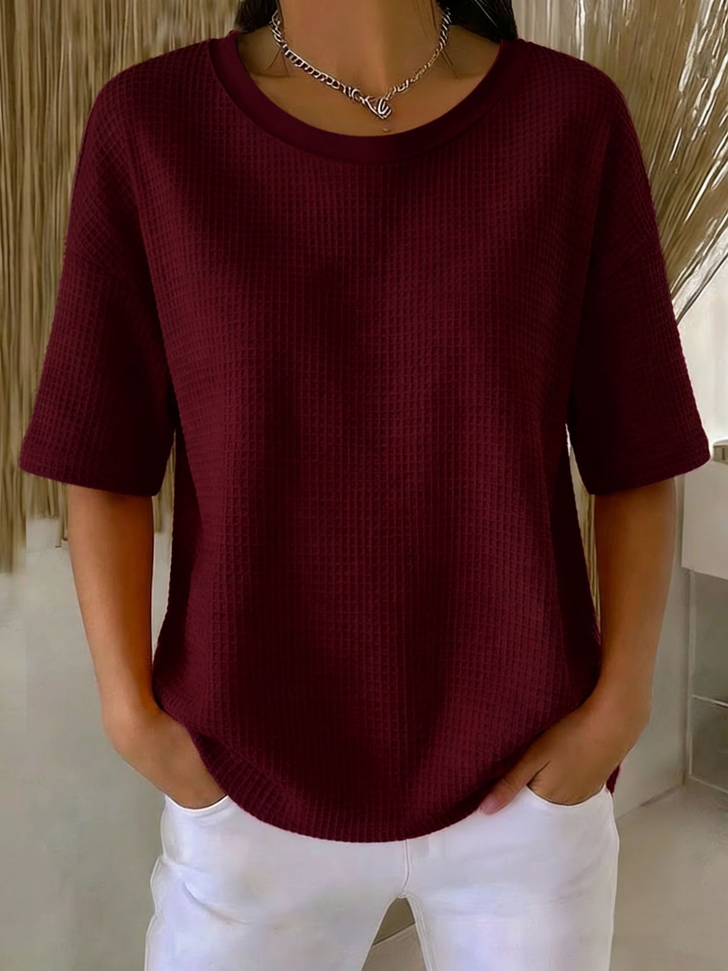 Women's Summer Waffle Knit Crewneck Short Sleeve Top