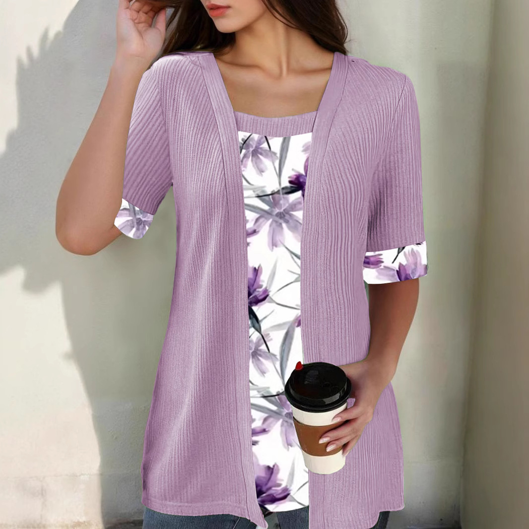 Women's Floral Print Faux Two-Piece Short Sleeve T-Shirt