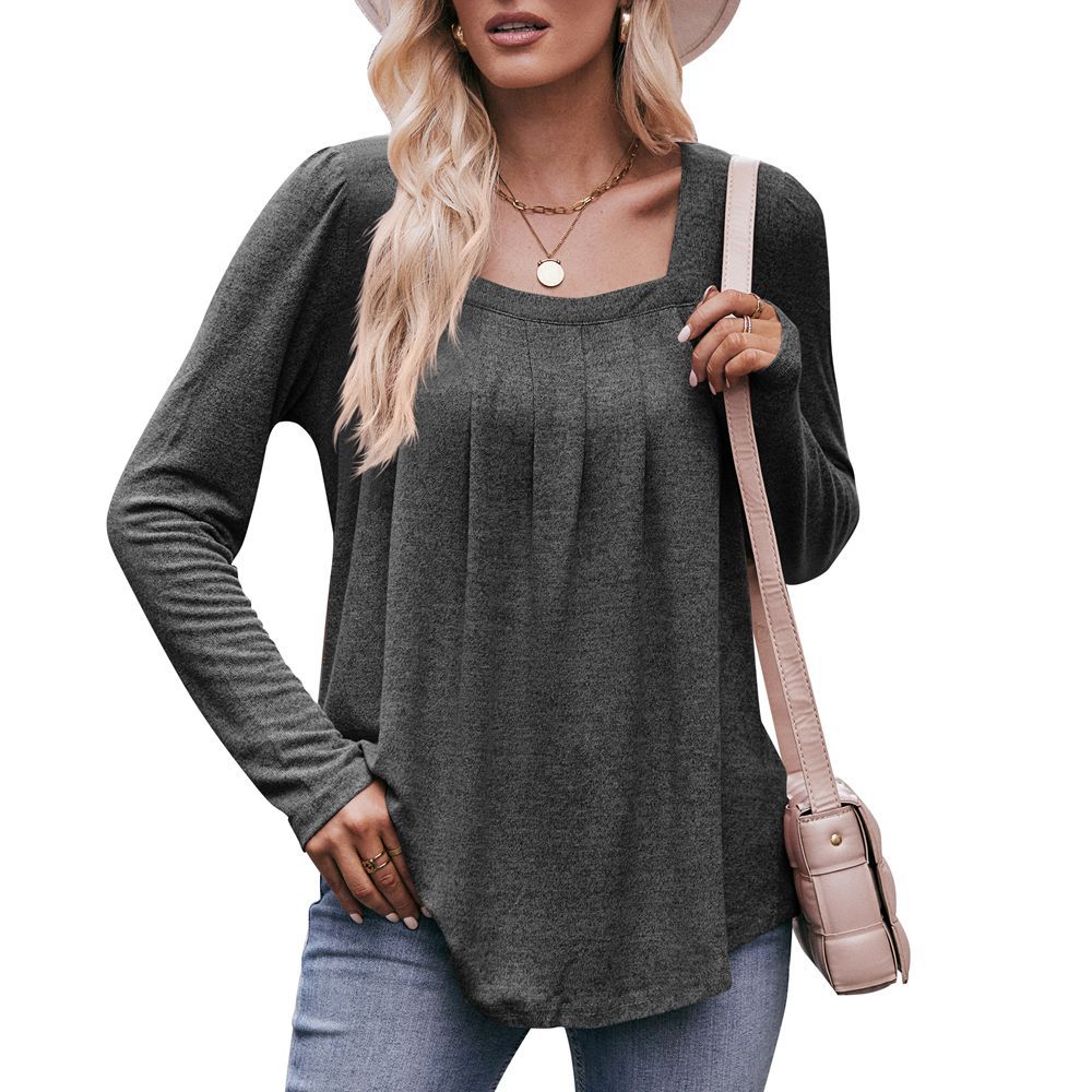 Women's Puff Sleeve Square Neck Pleated Long Sleeve T-Shirt