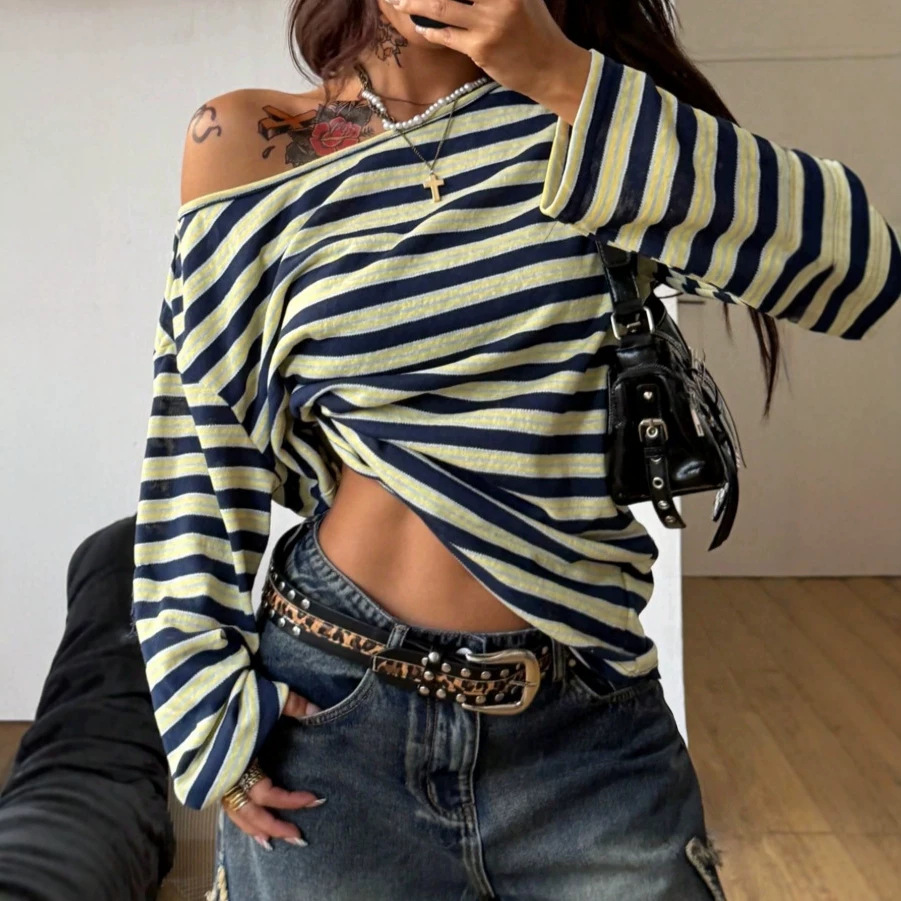 Striped Off-Shoulder Long-Sleeve Loose T-Shirt