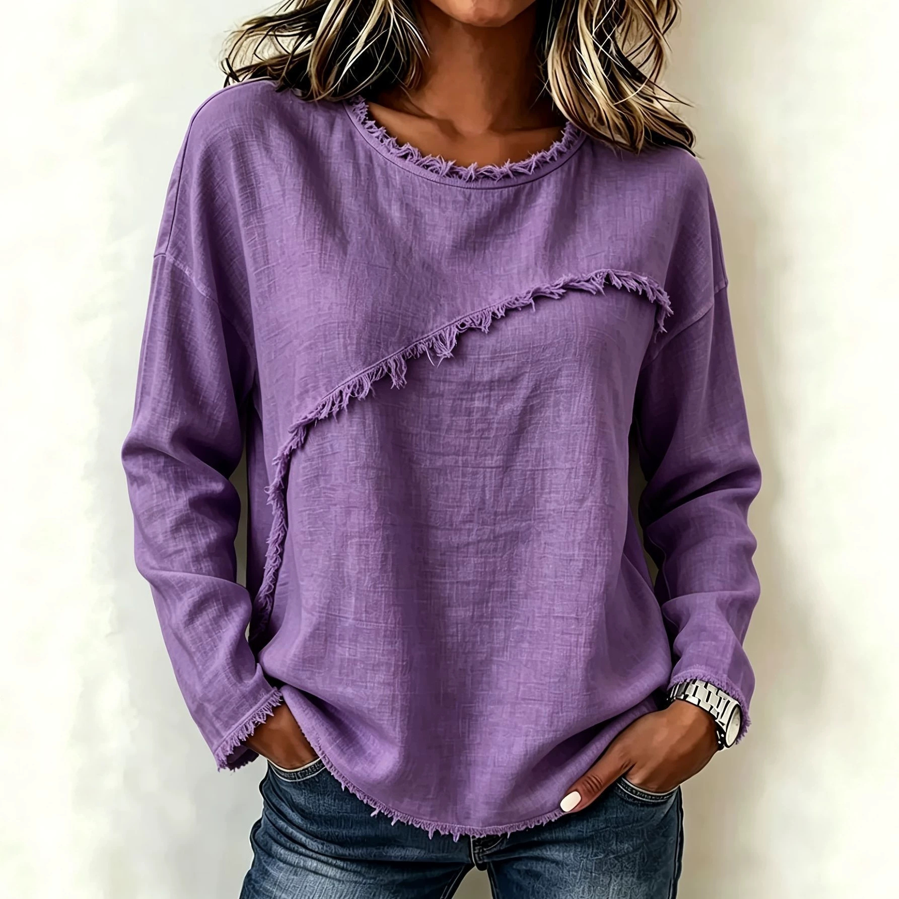 Women's Round Neck Lace Trim Long Sleeve T-Shirt Casual Top