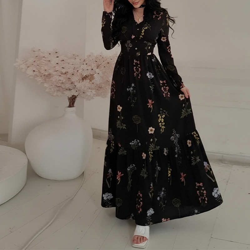 Women's Summer Floral Print A-Line Long Sleeve Dress