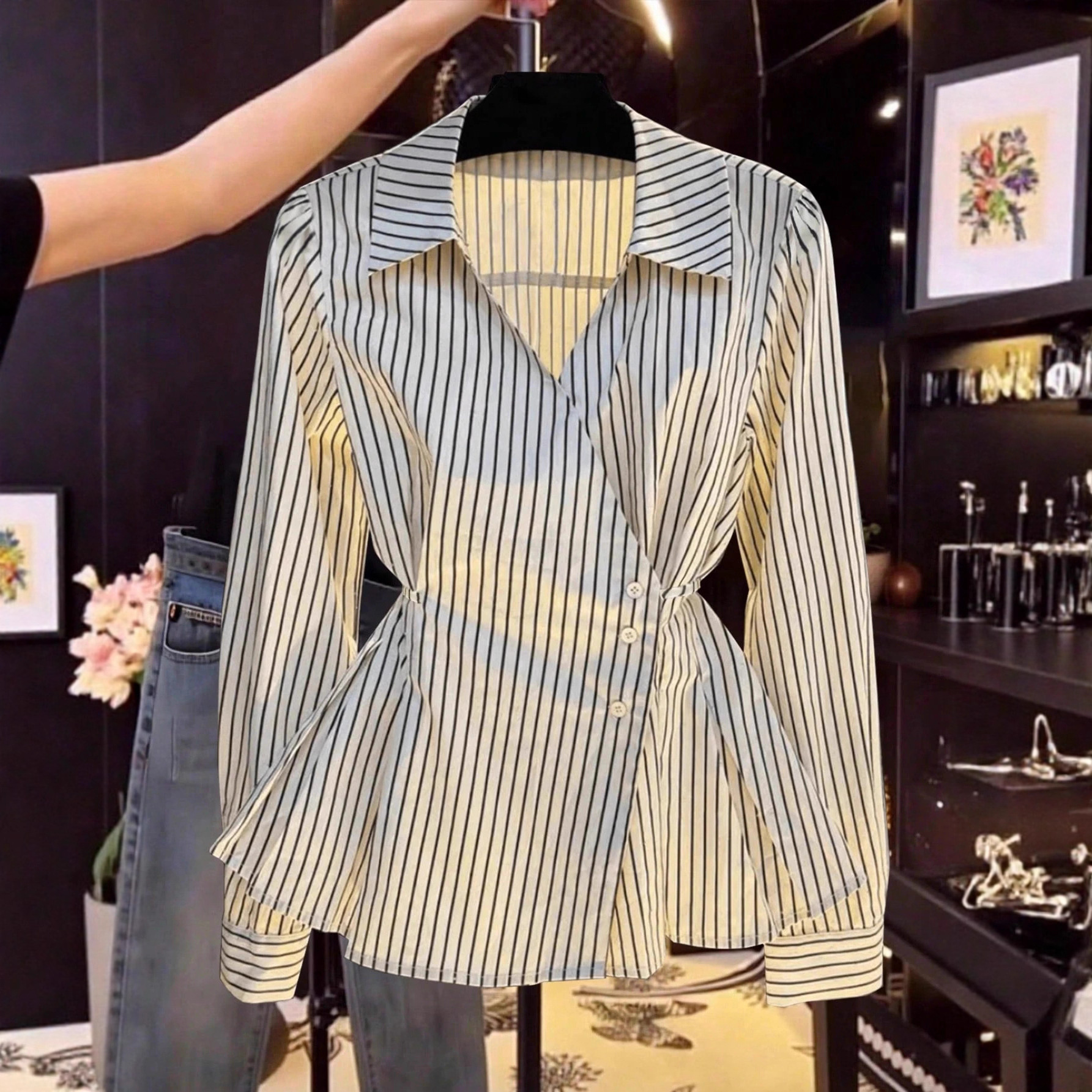 French Striped Women's Shirt Slimming Irregular Waist Long Sleeve Blouse