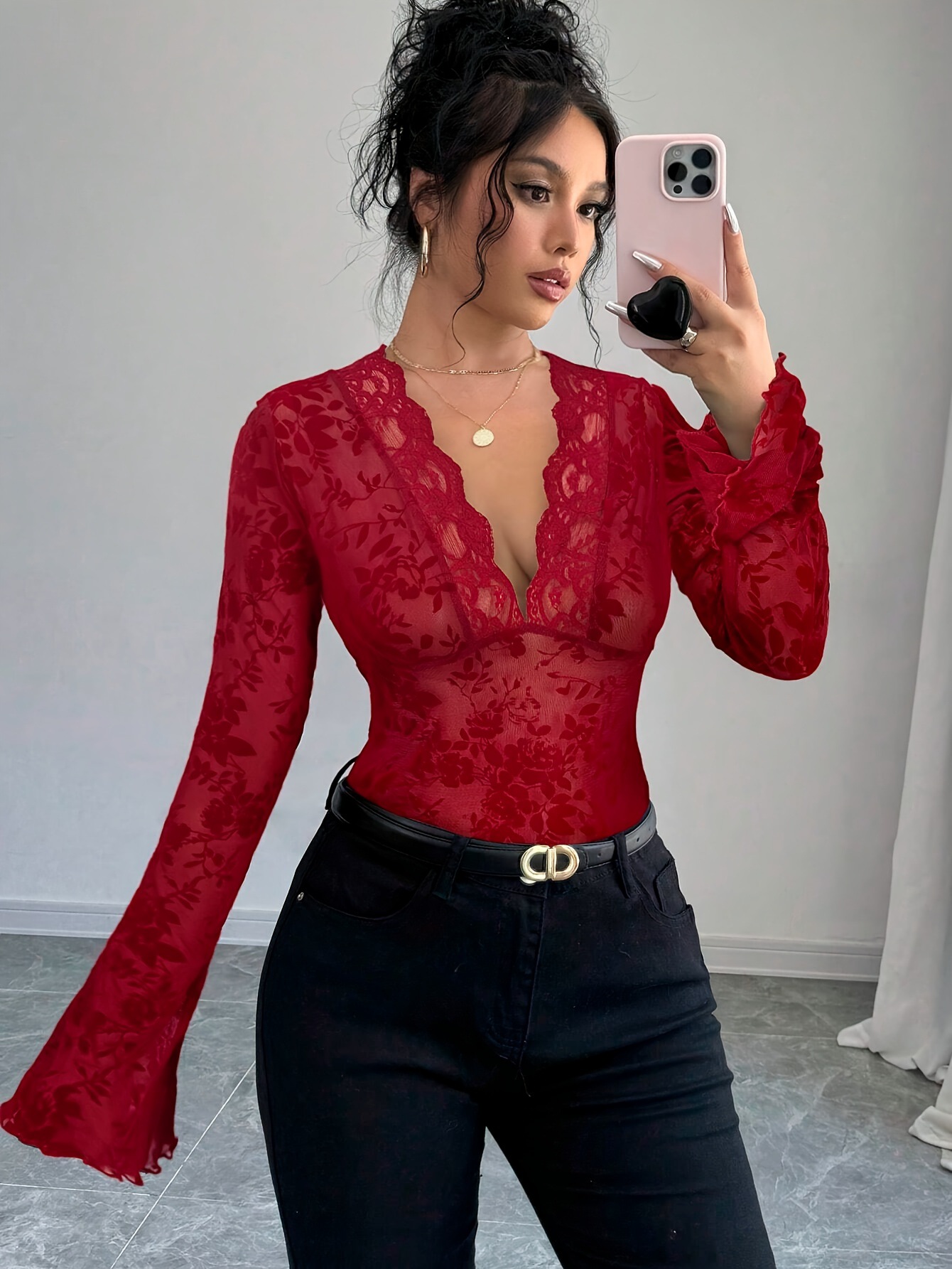 Women's V-Neck Lace Mesh Flare-Sleeve T-Shirt Top