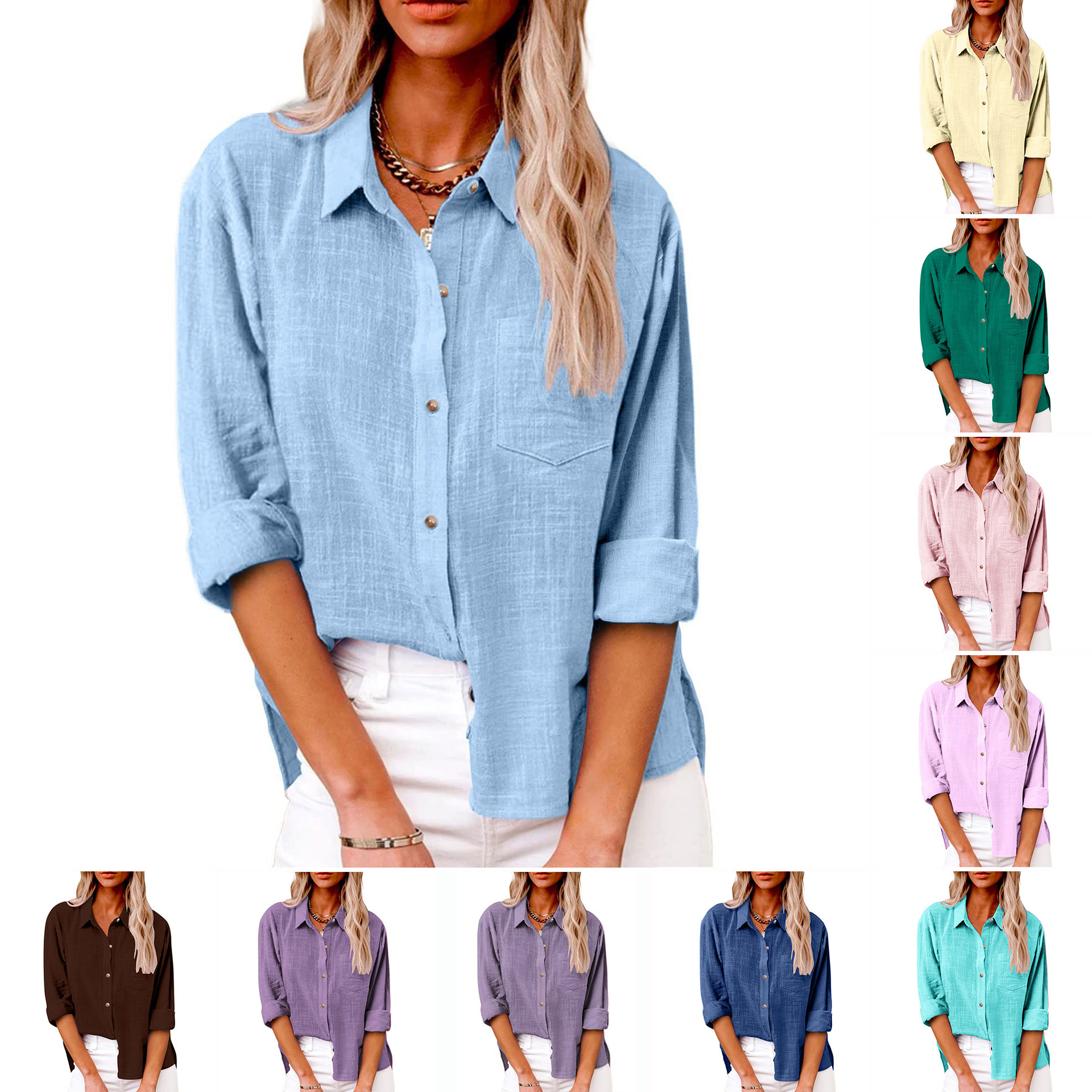 Women's Loose Solid Color Button-Down Collared Long Sleeve Cotton-Linen Top