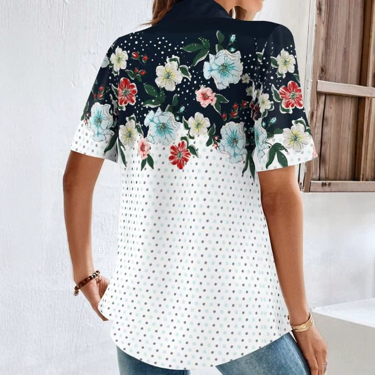 Women's Polka Dot Print V-Neck Short Sleeve Button Top Casual Loose Fit