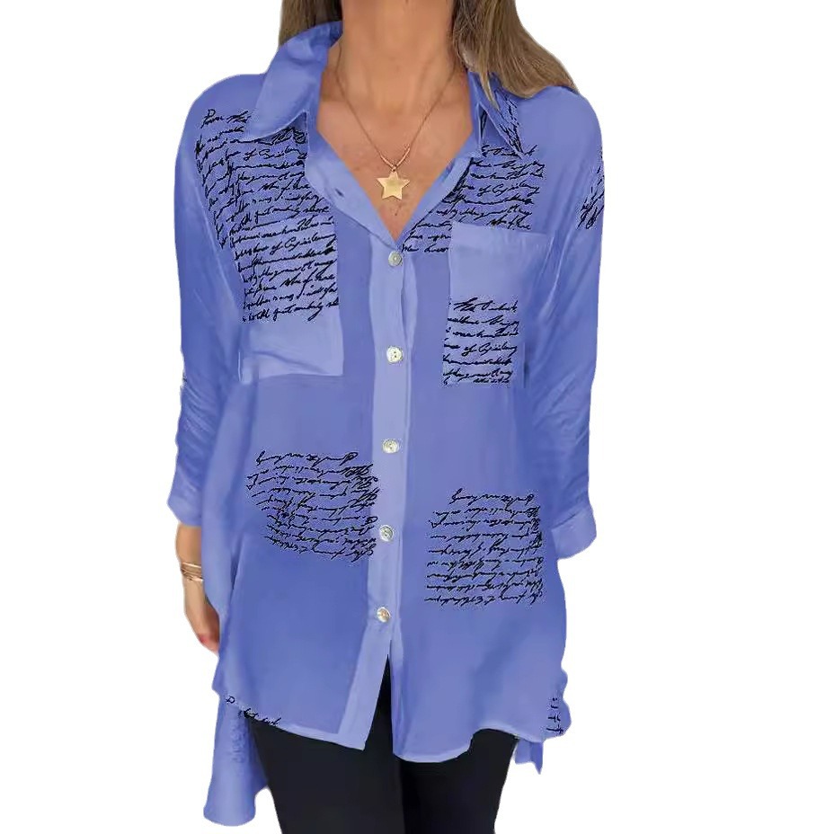 Women's Printed Loose Fit Long Sleeve Button-Down Shirt with Tail Hem