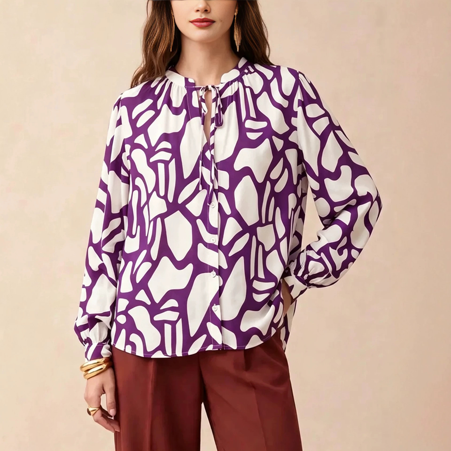 Stand Collar Tie-Front Geometric Print Loose Long-Sleeve Blouse