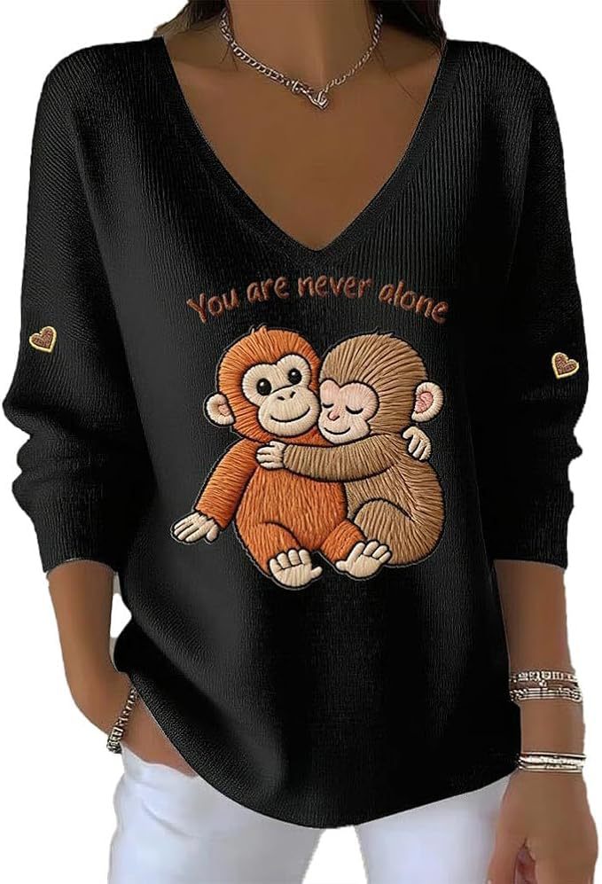 Women's V-Neck Long-Sleeve T-Shirt with Monkey Letter Print