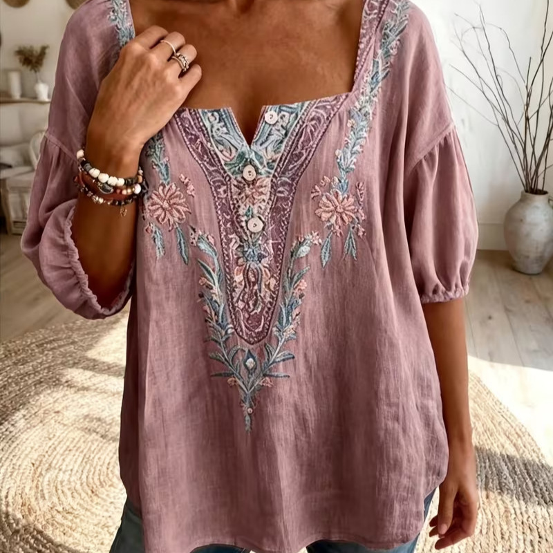 Women's Vintage Floral Print Short Sleeve Shirt