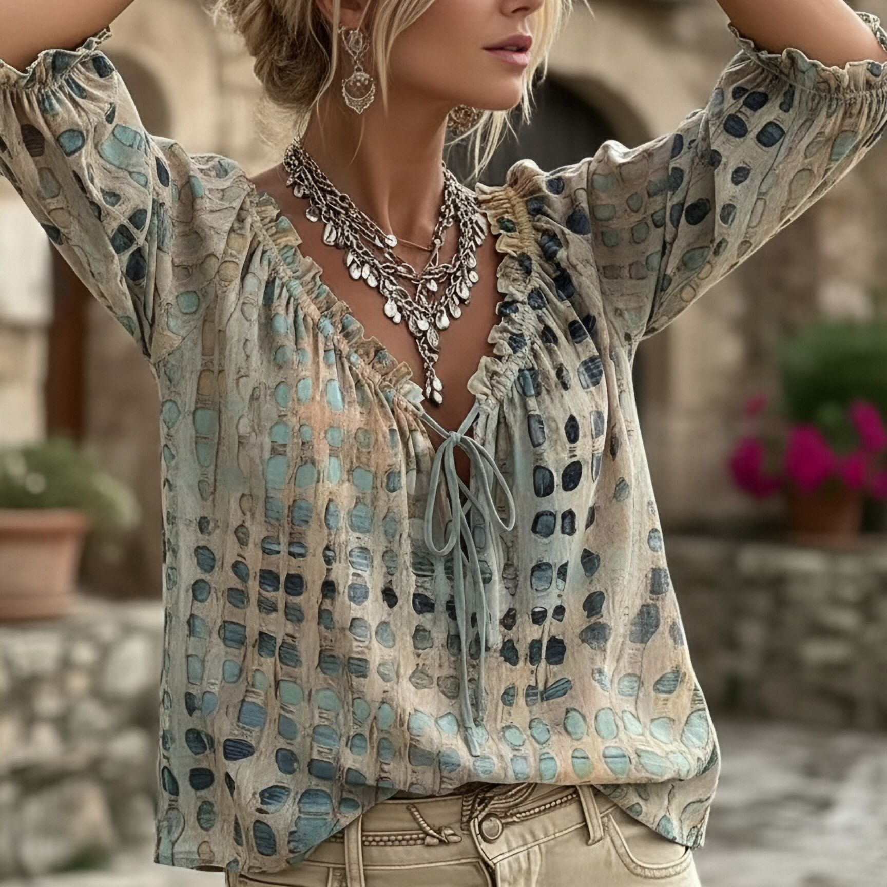 Polka Dot V-Neck Drawstring Blouse