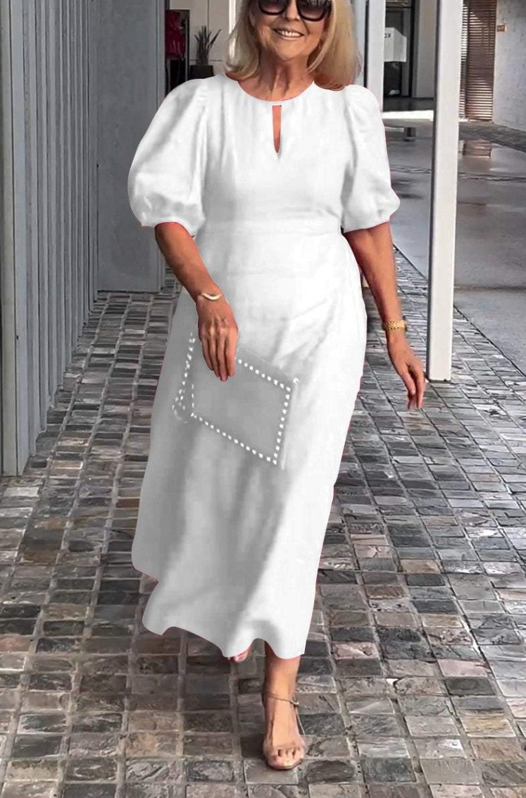 Women's Solid Color Loose Casual Round Neck Puff Sleeve Dress