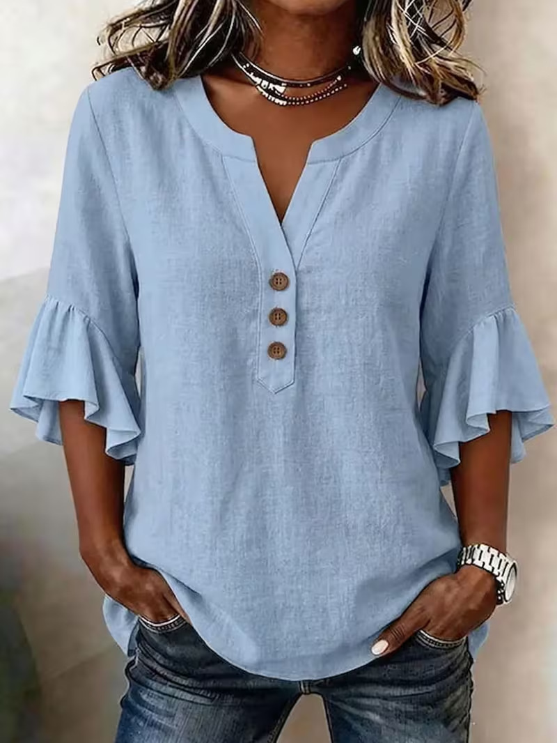 Women's Summer Floral Ruffle-Sleeve V-Neck Blouse