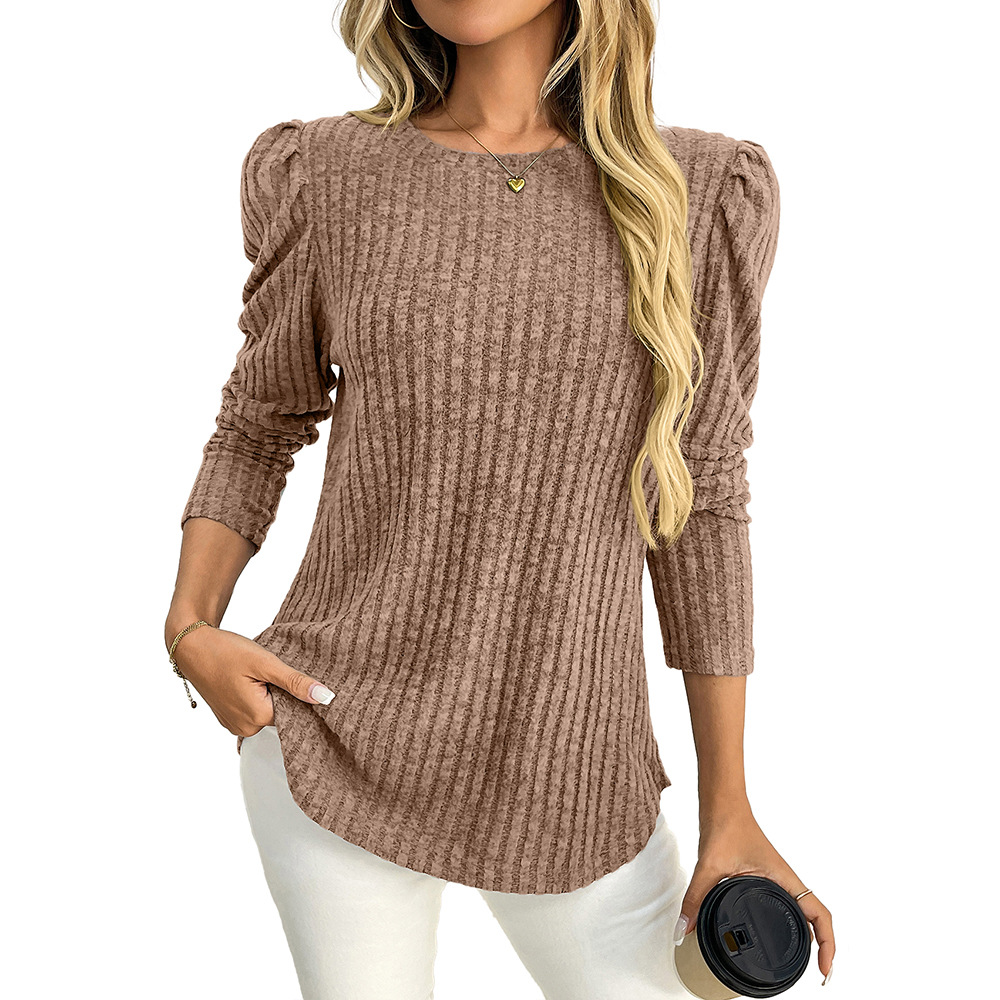 Women's Crewneck Puff Sleeve Brushed Ribbed Solid Color Long Sleeve Top
