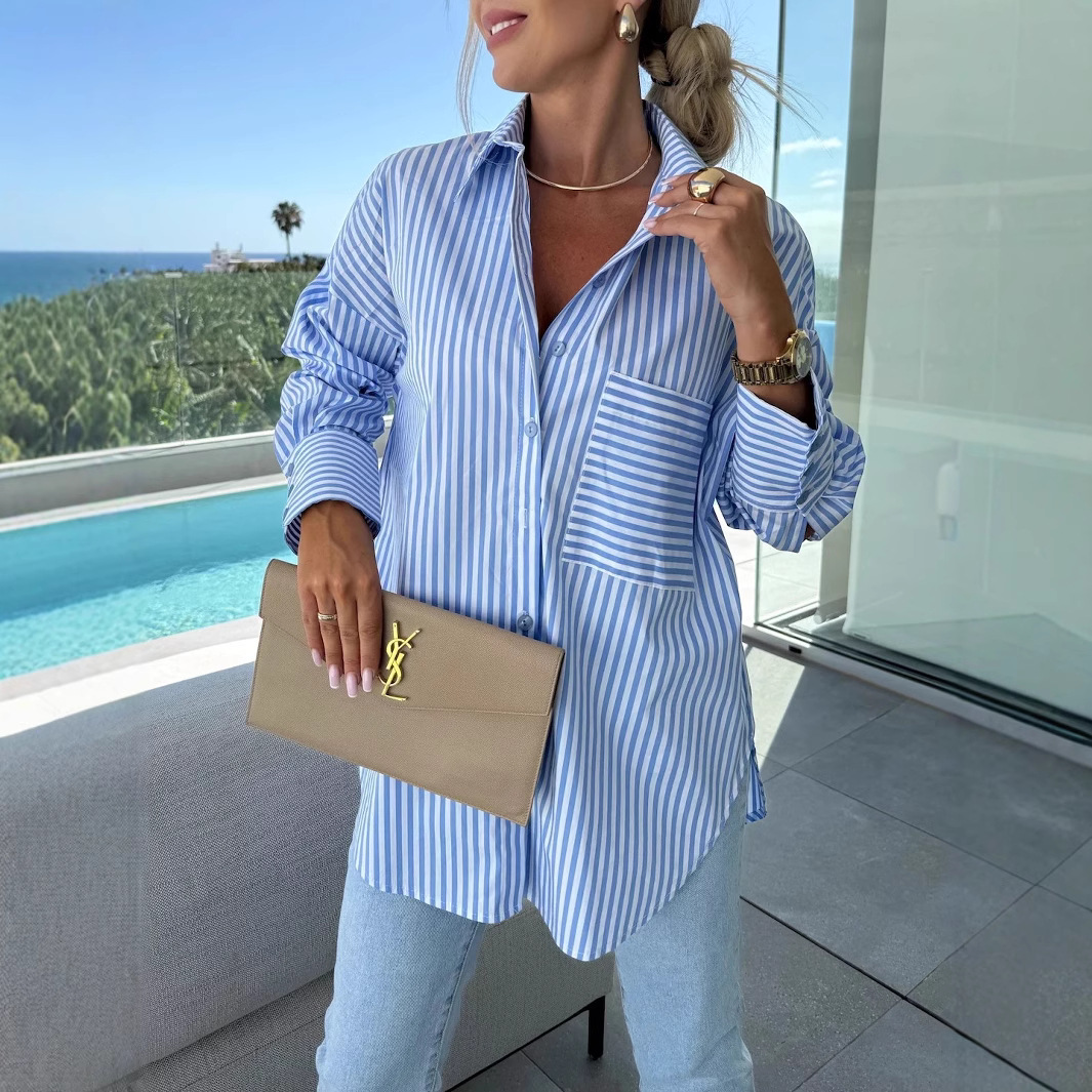 Women's Casual Loose Striped Long-Sleeve Button-Front Shirt with Pockets