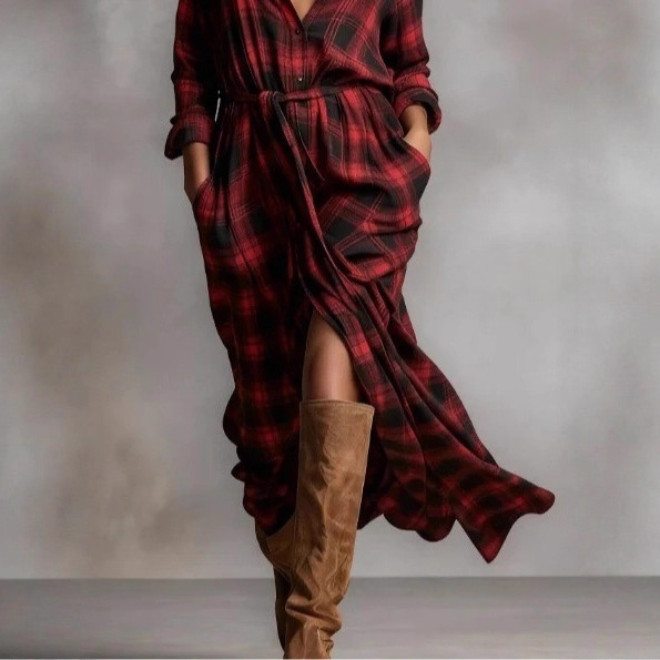 Plaid Digital Print Long Sleeve Tie-Front Cardigan Dress