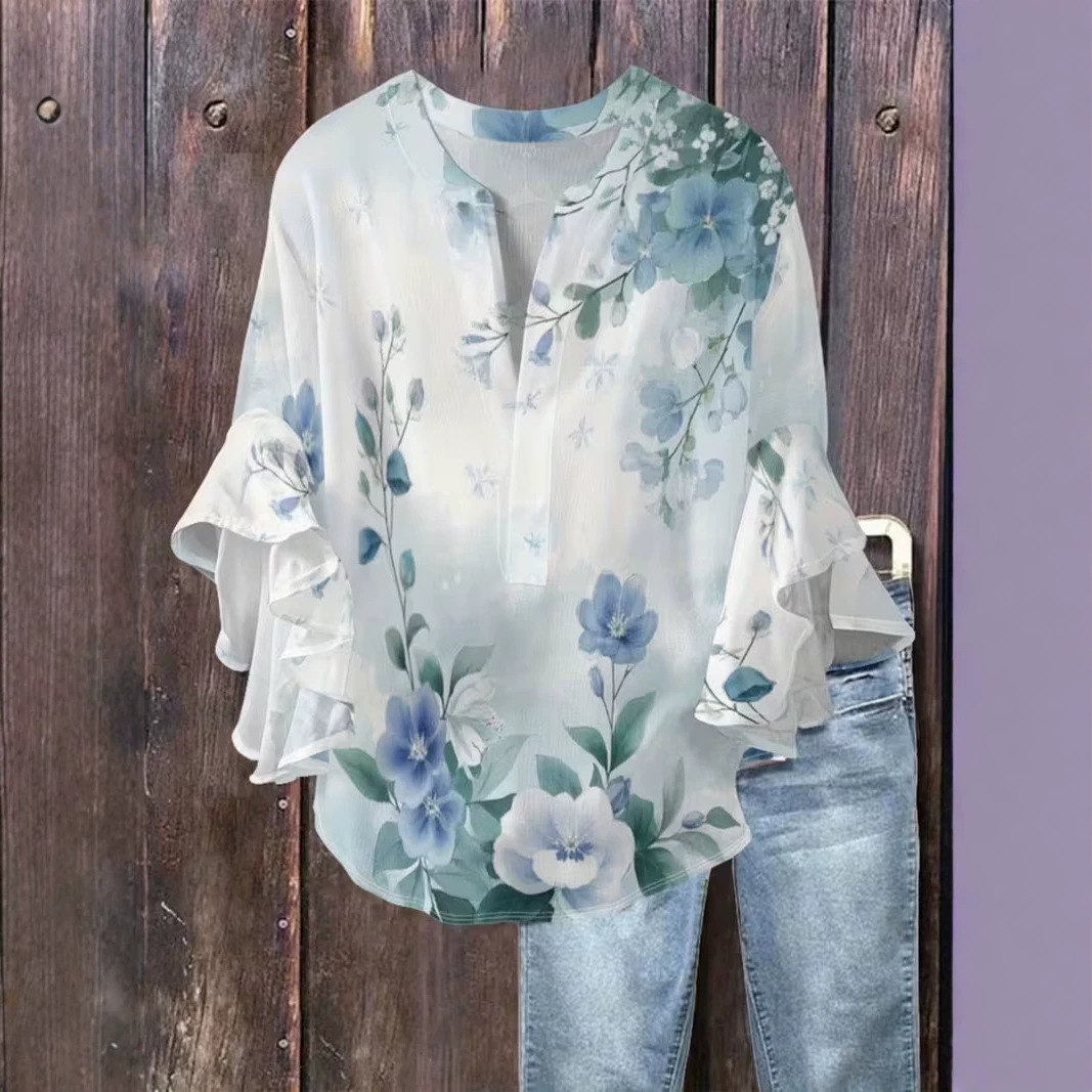 Women's Summer Vintage Floral Print Half-Sleeve Button-Up Top