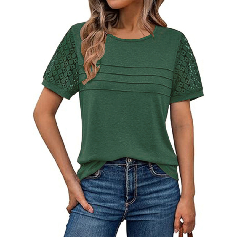 Women's Hollow-Out Round Neck Short Sleeve Lace Panel Loose T-Shirt