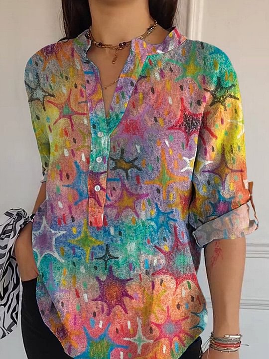 Women's Loose Casual Retro Button-Up Shirt with Graphic Print
