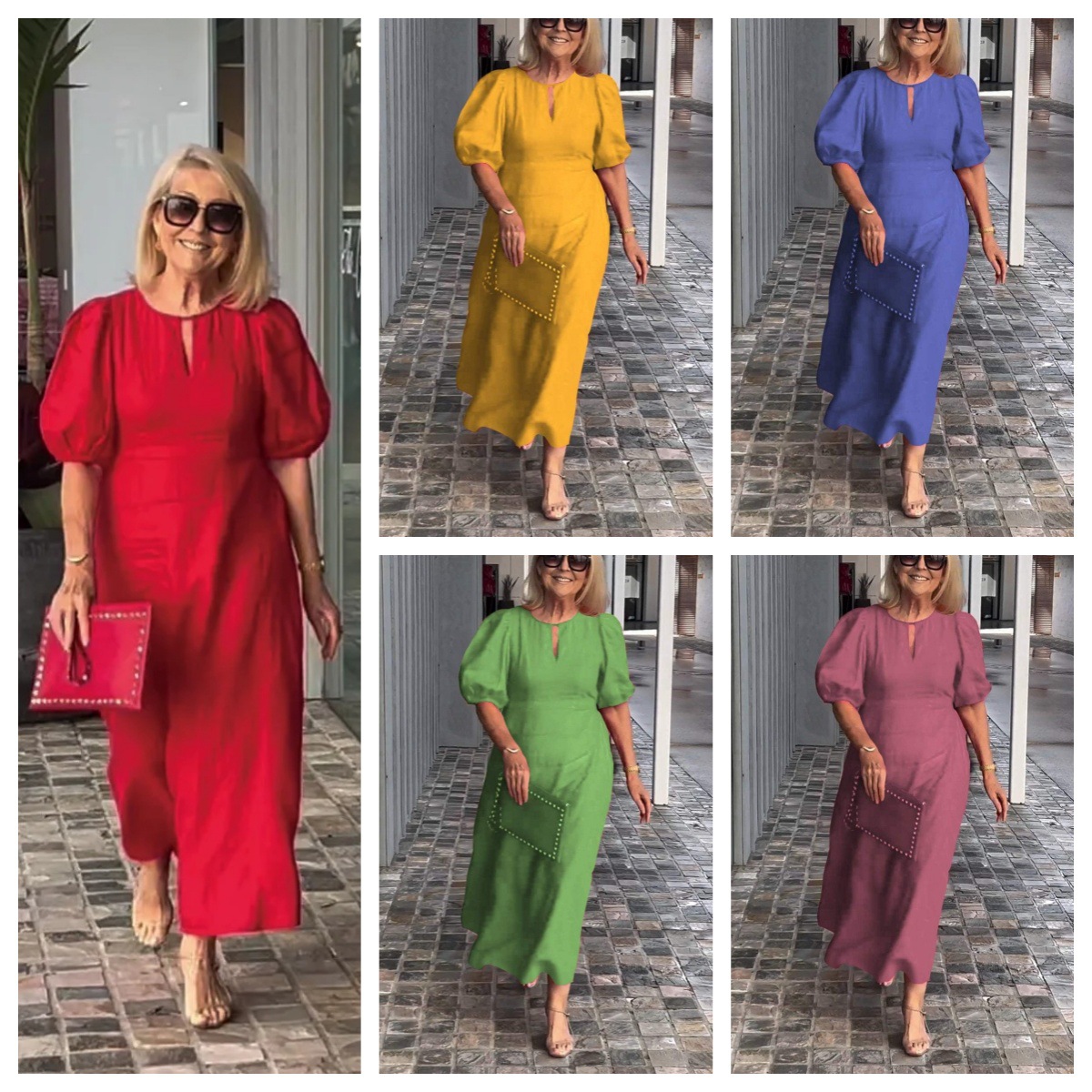 Women's Solid Color Loose Casual Round Neck Puff Sleeve Dress