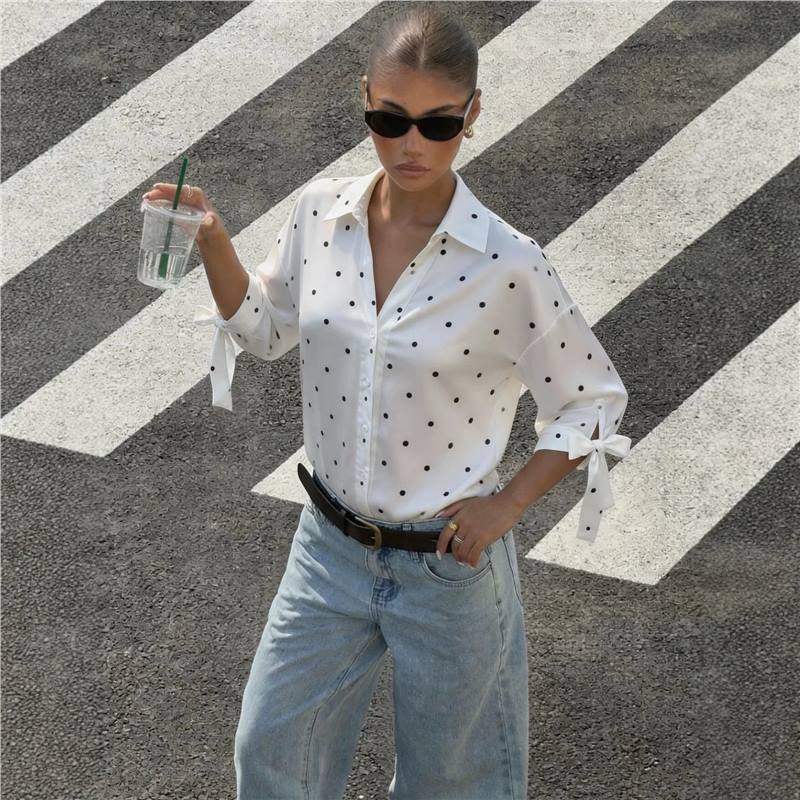 Elegant Polka Dot Button-Down Shirt with Bow Tie and Collar