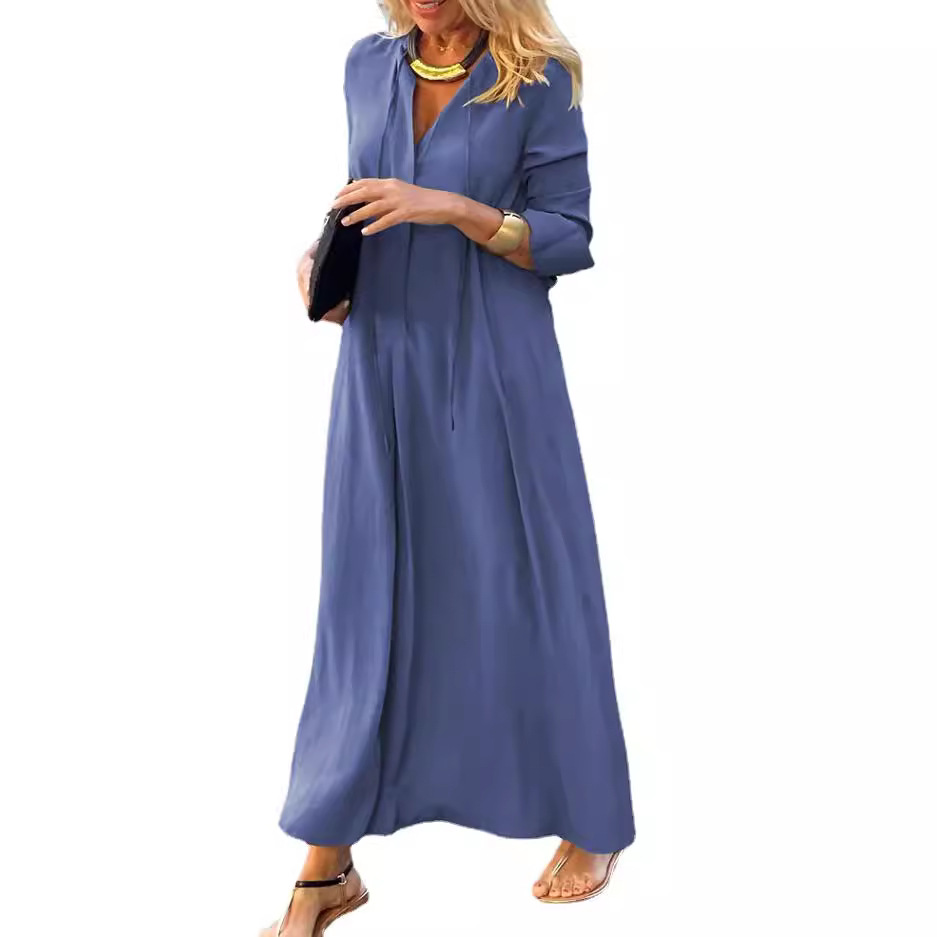 Solid Color Collared Long Sleeve Maxi Shirt Dress