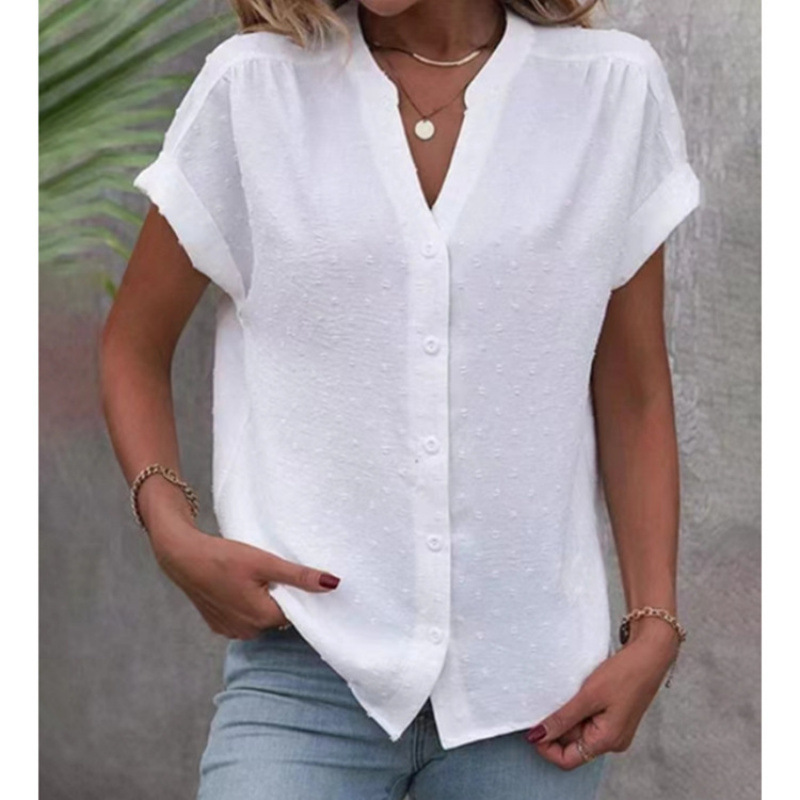 Women's Solid Color Jacquard V-Neck Button-Down Blouse