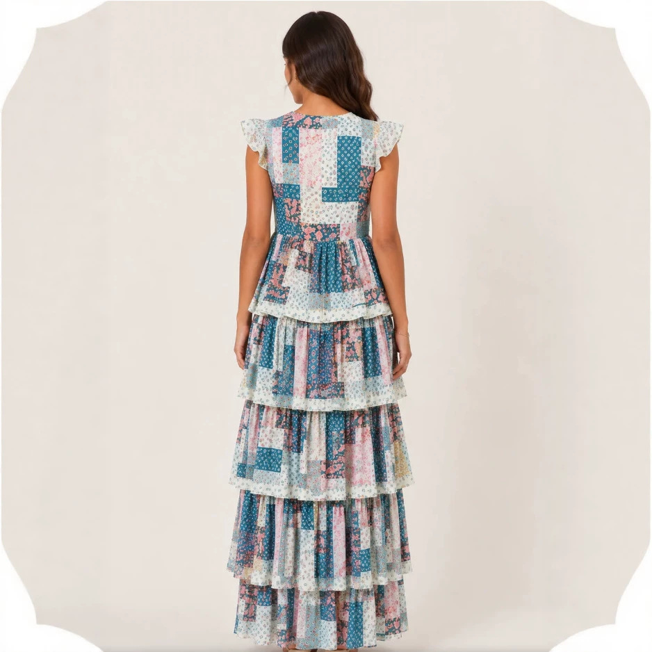 Printed Round Neck Sleeveless Plaid Spliced Tiered Maxi Dress
